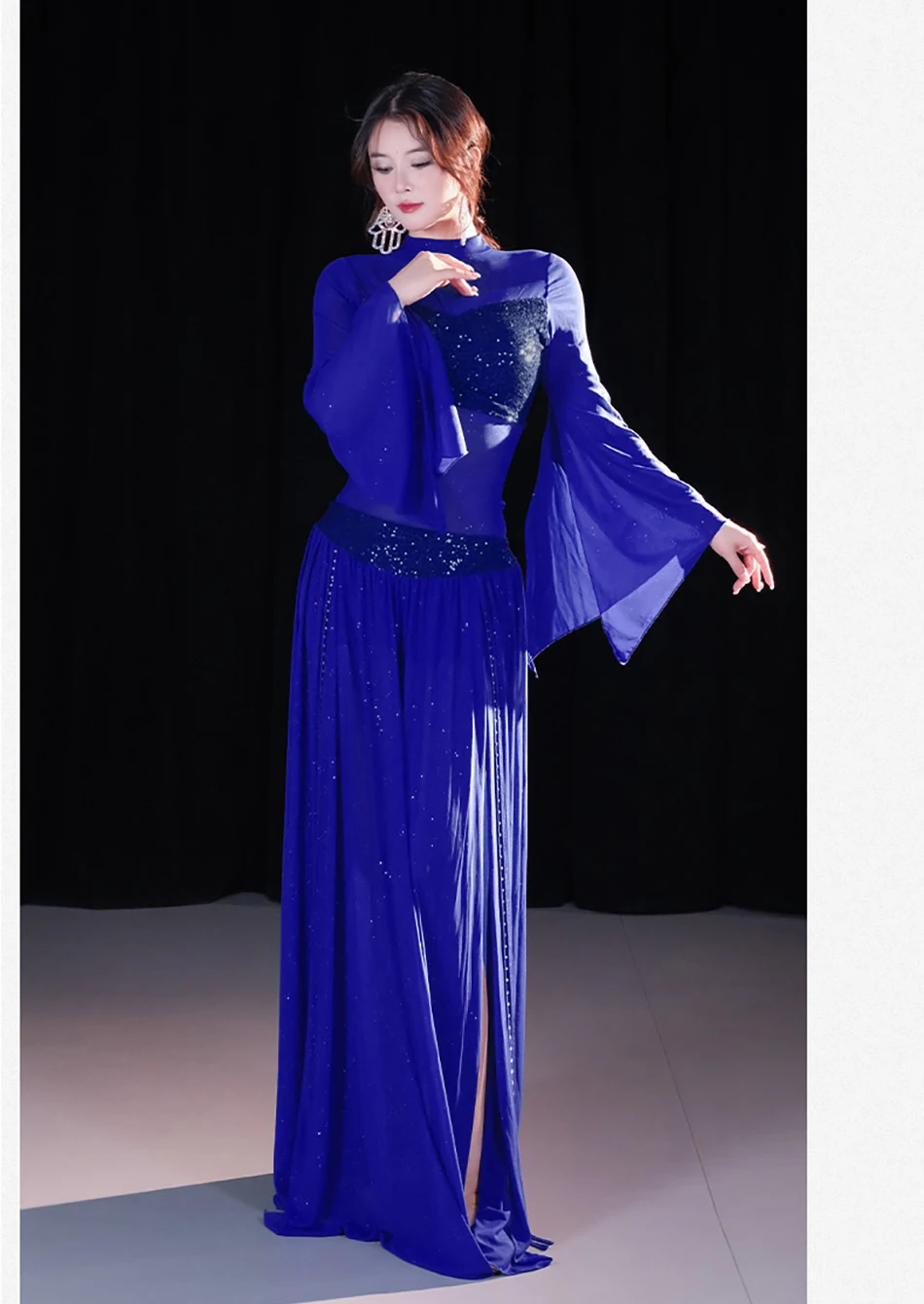 ベリーダンスパフォーマンス衣装女性のためのメッシュ長袖ダンス服衣装ダンス服セット大人の練習スーツ