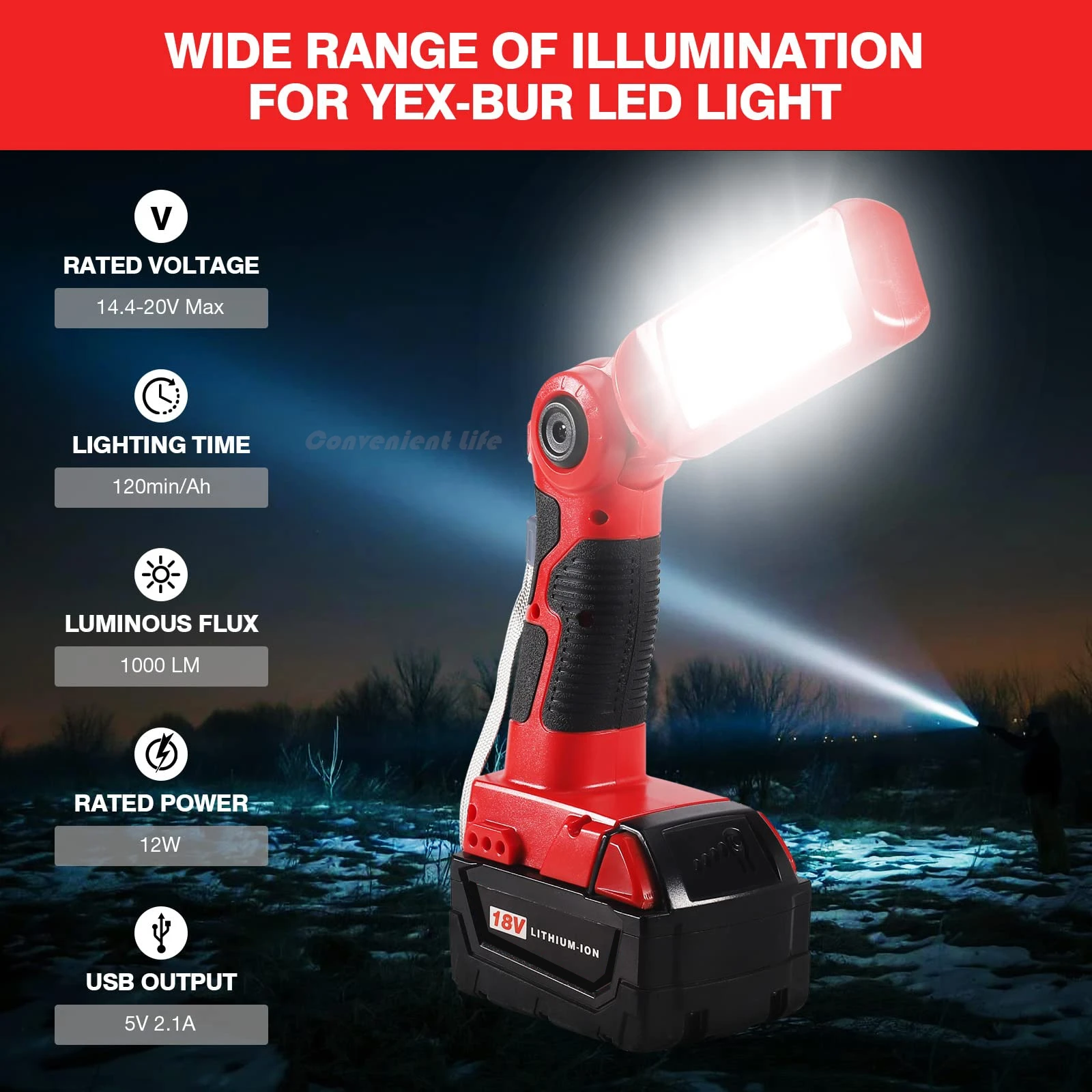 LED Work Light Torch for Milwaukee M&18 18v Battery 12W 1000LM Flashlight with USB-A Charging Port Portable Outdoor Indoor Light