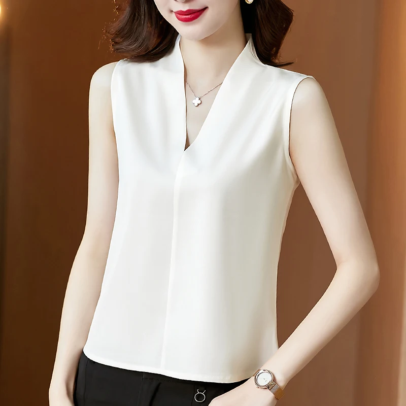 Casual Solid Color Sleeveless Shirts 2024 Summer Satin Blouse Women Tops V Neck Women Clothing Casual Ladies Shirts 13381