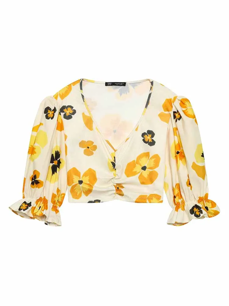 

HH Woman Spring Fashion Short Sleeves Printing Splicing Decoration Fluffy Short Tops Female Chic Elegant Casual Comfortable Top