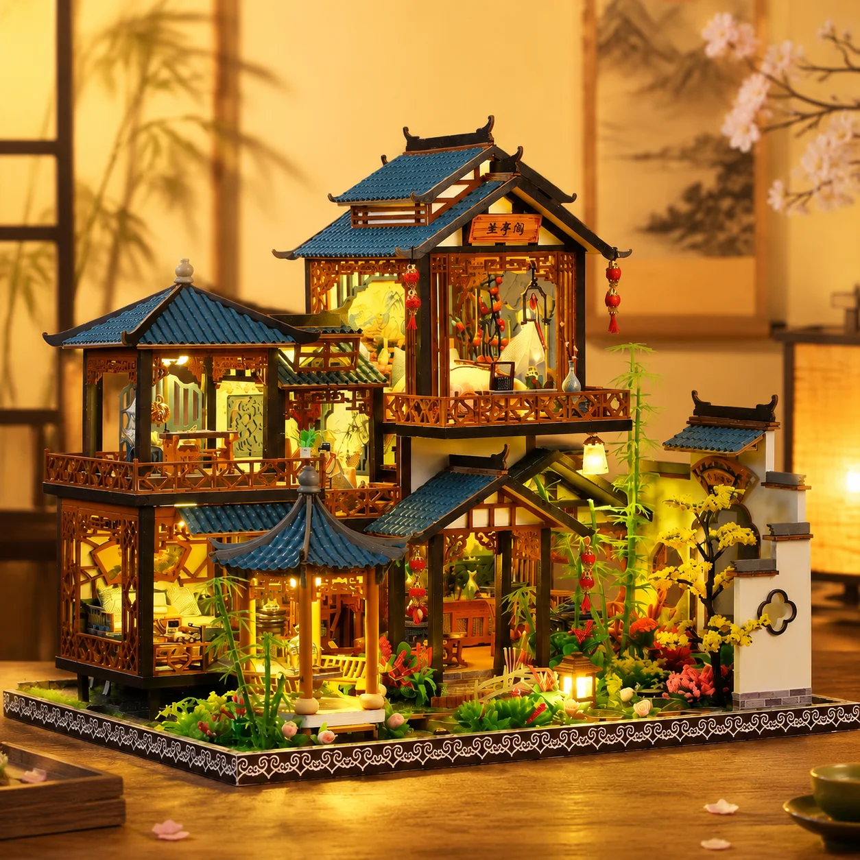 DIY Wooden Orchid Pavilion Book Nook Kit 3D Puzzle Miniature House Model Assembly Craft Bookshelf Insert Decor Gift for Adults