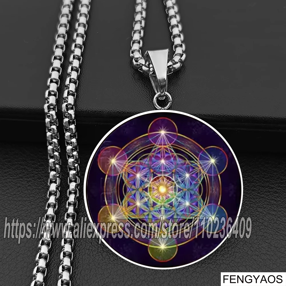 Stainless Steel Vintage Archangel Metatron Cube Necklace Sacred Geometry Hexagram Sri Yantra Amulet Jewelry