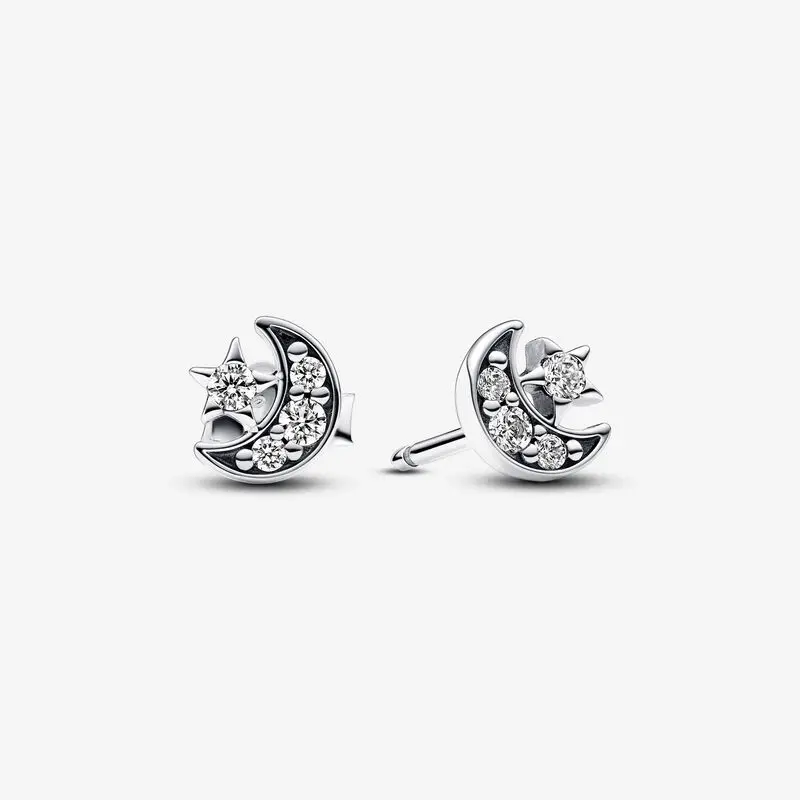 

100% 925 Sterling Silver Sparkling Moon & Star Stud Earrings Original European Style Brand woman Jewelry