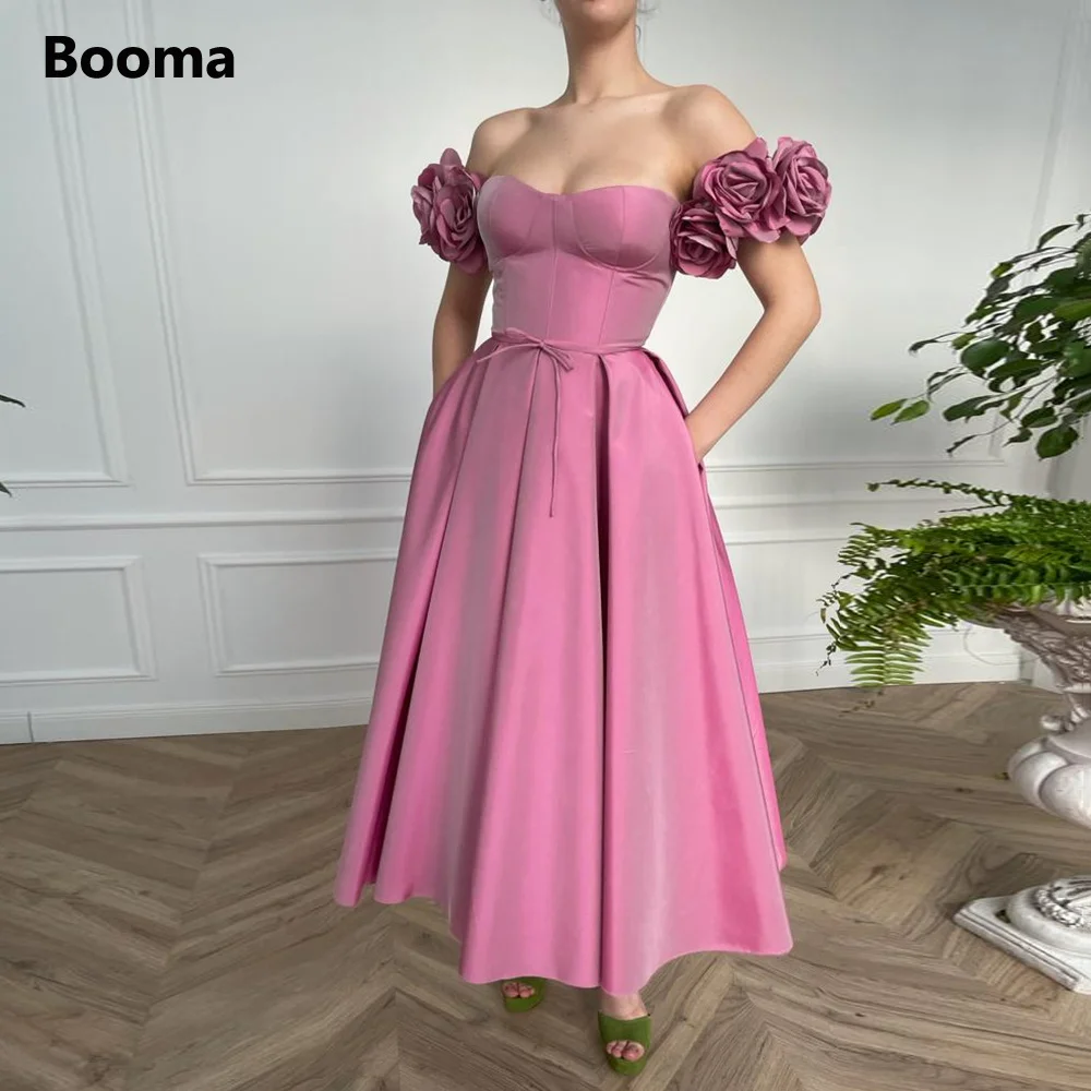 

Booma Pink Taffeta Midi Prom Dresses Off the Shoulder Handmade Flowers Slit Tea-Length A-Line Evening Gowns Formal Party Dresses