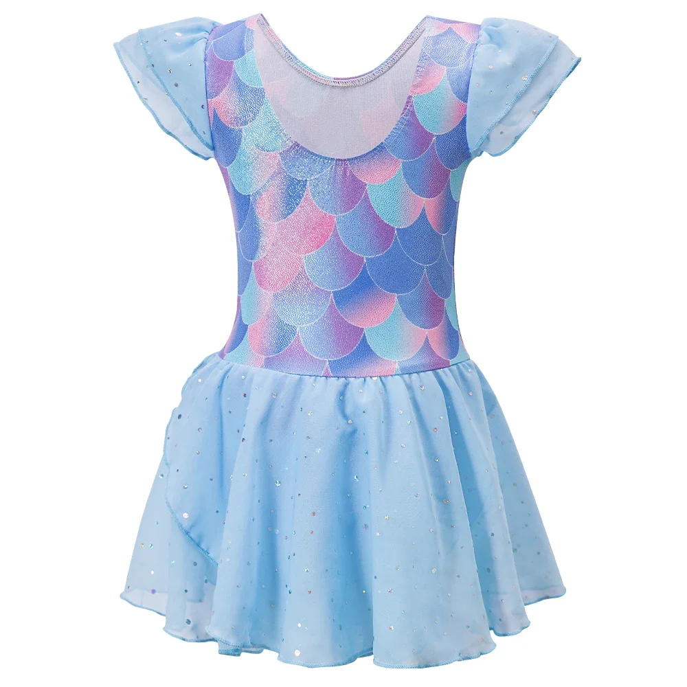 女の子用フリル袖バレエダンスドレスチュチュスカート付きレオタードマーメイド体操スカートステージ練習着衣装