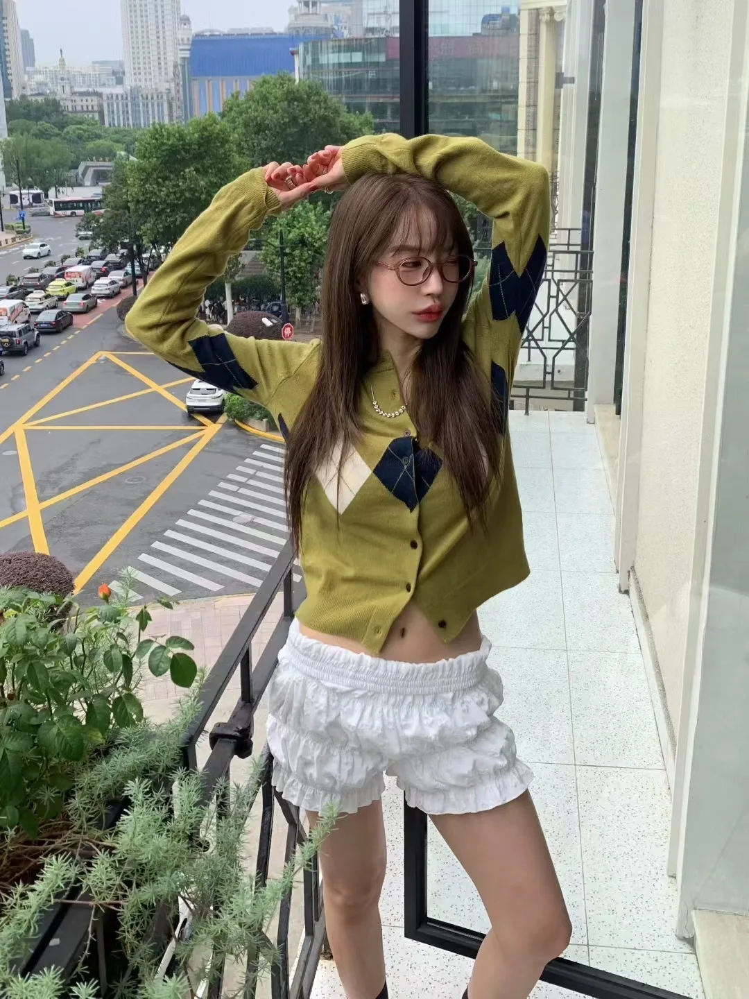 Maglione lavorato a maglia casual coreano Sle inizio autunno Cappotto cardigan aperto con motivo a rombi a contrasto di colore da donna