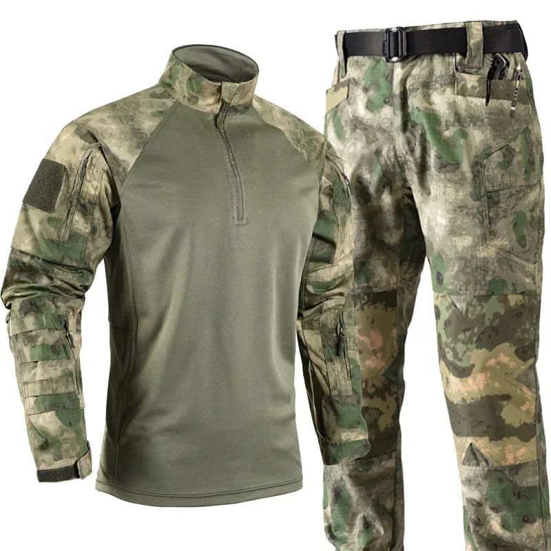 

Ruins Camo Tactical Sets Men Autumn Breathable Quick-drying Training Tshirts+Multi-pocket Wear-resistant Cargo Pants 2 Pcs Suits