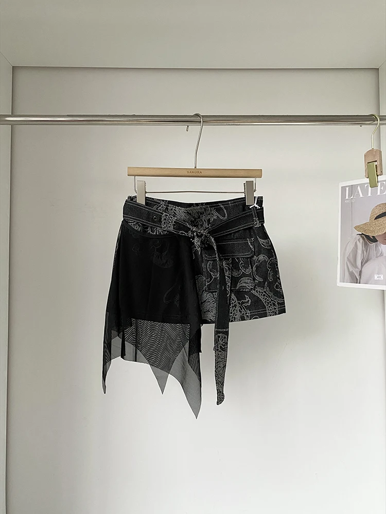 

Japanese Cool New Summer Punk Style Dark Denim Hot Girl Black Dragon Pattern High Waisted Slimming Short Skirt Women's Clothing