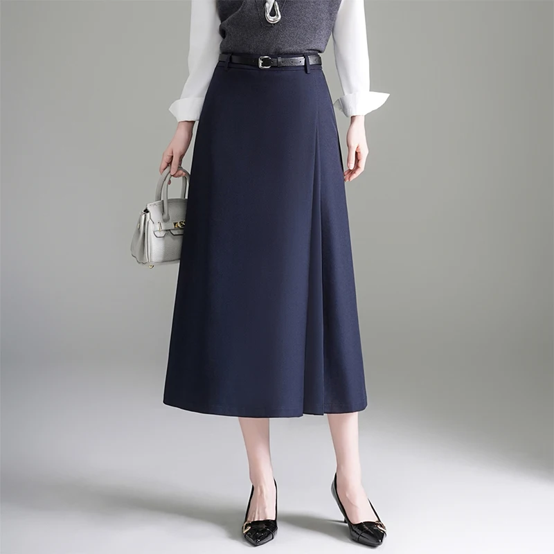 

Юбка-трапеция Busin Sle с высокой талией, синяя, для офиса, женская, из полиэстера, с микроэластичностью