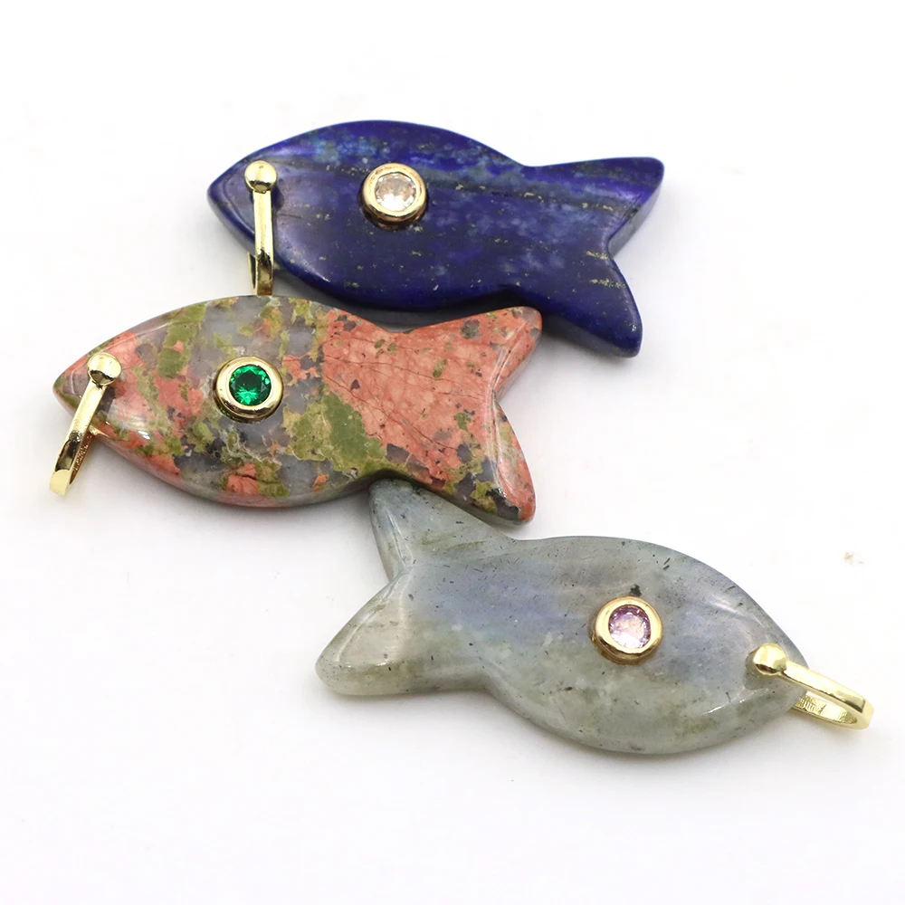 40mm Natural Stones Fish Shape Pendant Inlaid Color Zircon Charm Jewelry Making DIY Necklace Earring Accessorie Handcrafted Gift