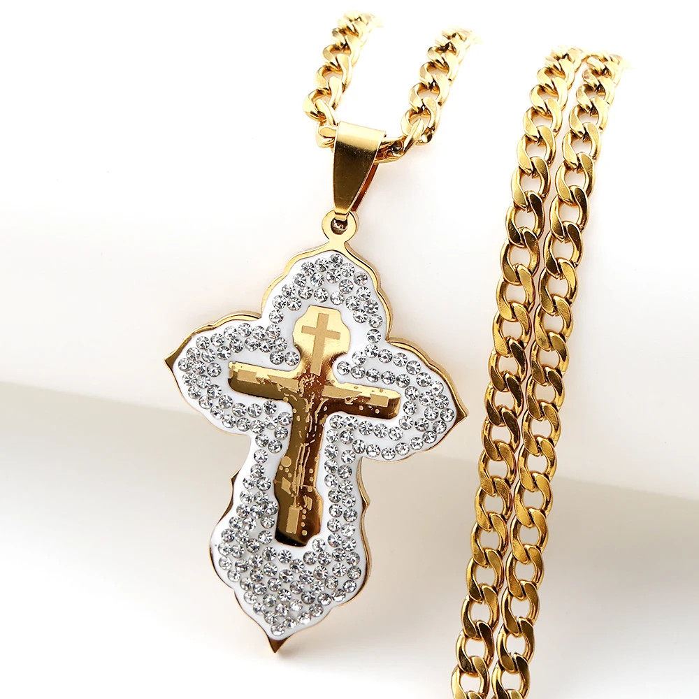 Orthodox Jesus Cross Pendant Necklace for Women Men Silver Color Stainless Steel Full Rhinestones Crucifix Amulet Chain Jewelry
