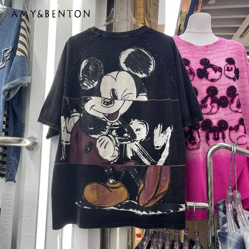 

European Style Fashion American Retro Distressed Cartoon Print Oversized Short Sleeves T-shirt Women's Stylish Versatile Tees