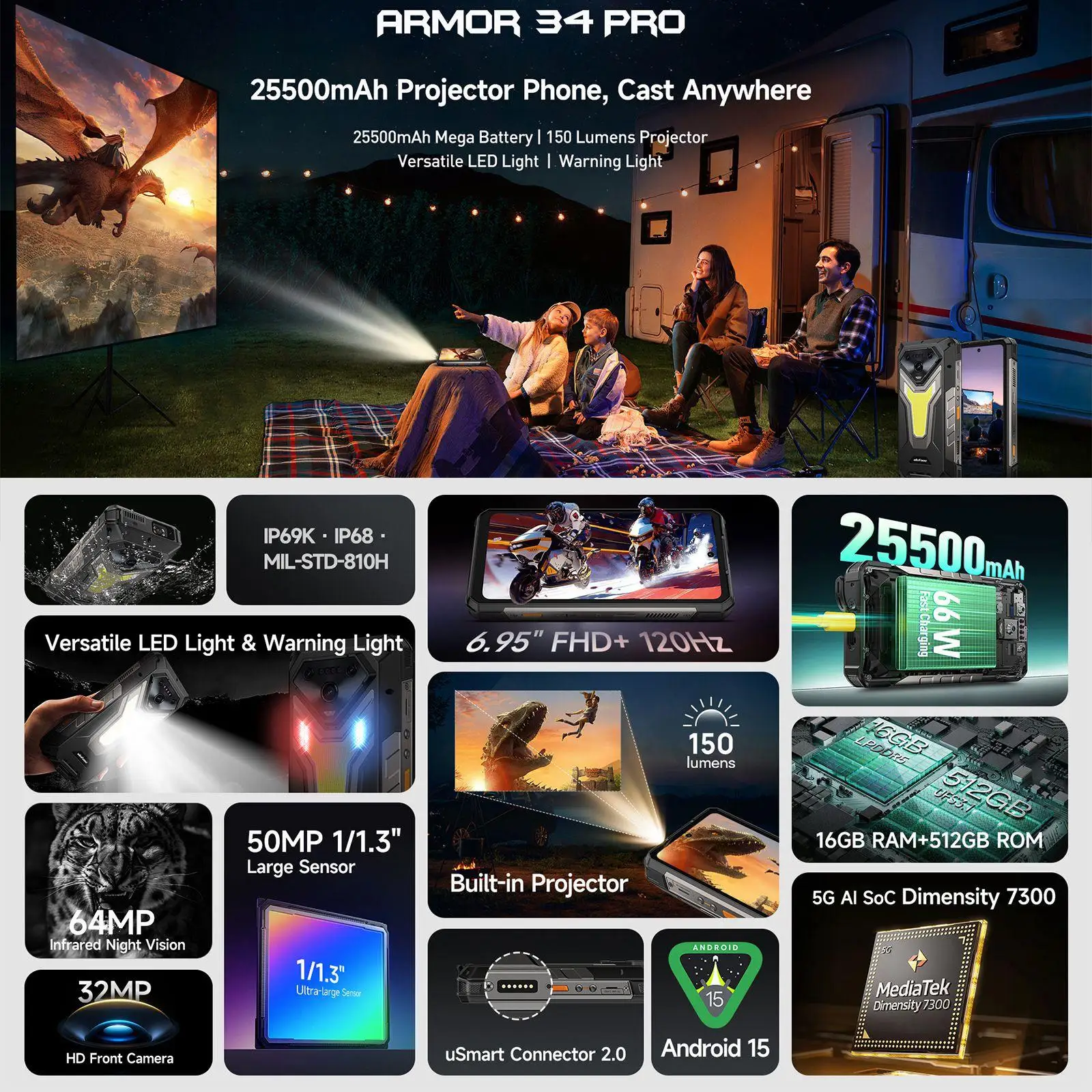 Ulefone Armor 34 Pro Rugged Smartphone AI 5G Projector 6.95" 120Hz 16GB+512GB 25500mAh 66W 64MP Night Vision Android 15 NFC