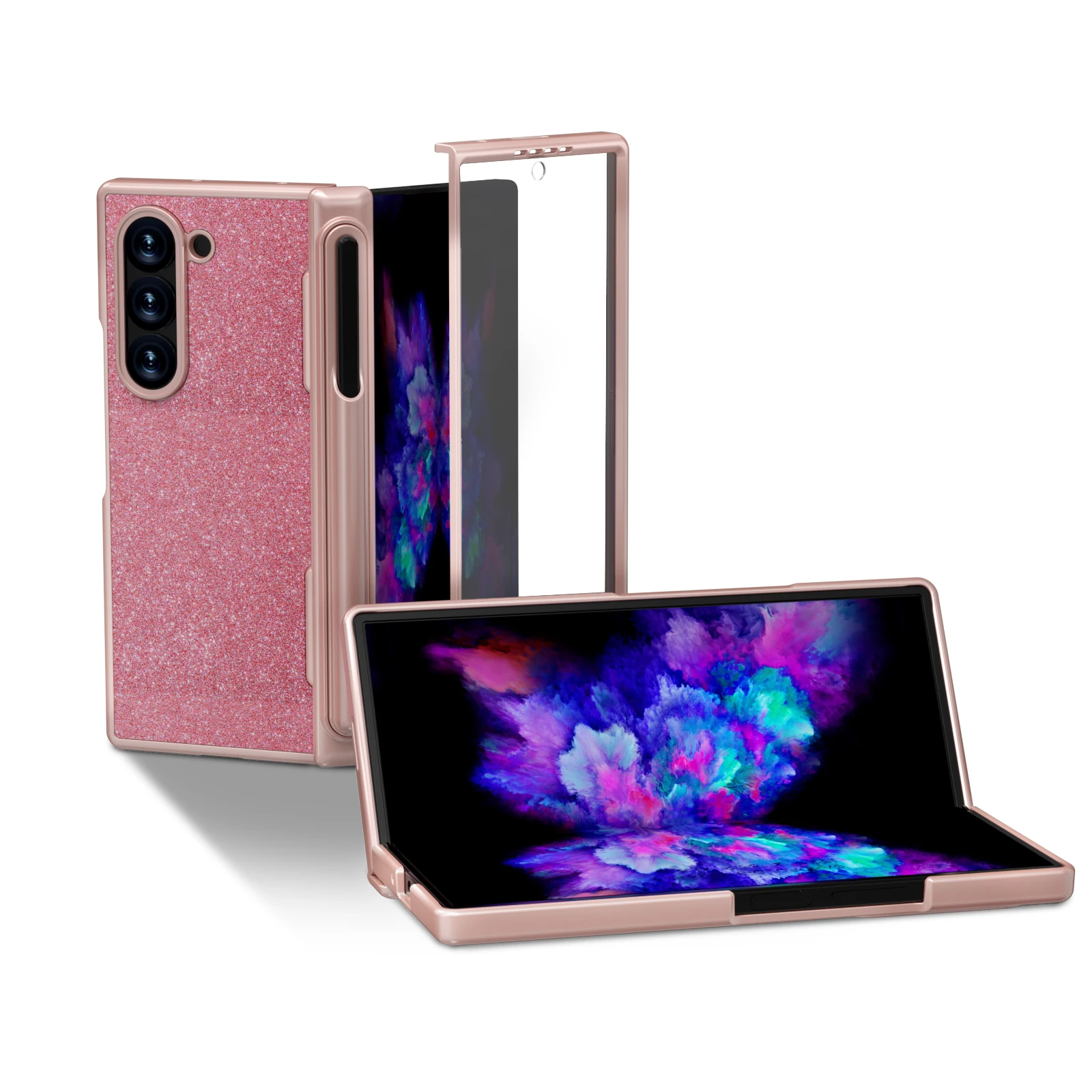 Cute Glitter Powder Pink Leather Hinge Protection Cover for Samsung Galaxy Z Fold 6 Pen Holder Phone Case With Screen Protector