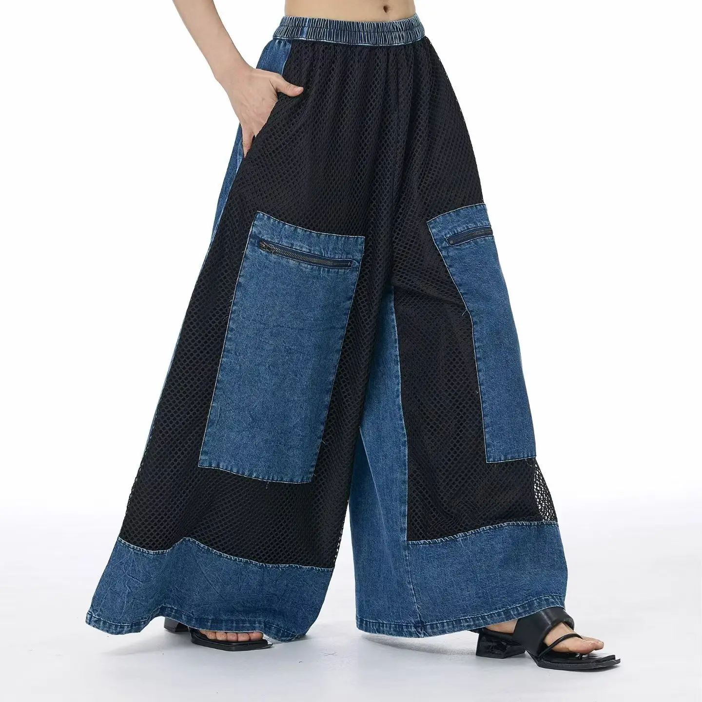 SuperAen Patchwork Washed Jeans for Women's Autumn and Winter New Retro High-waisted Drawstring Wide-leg Long Pants