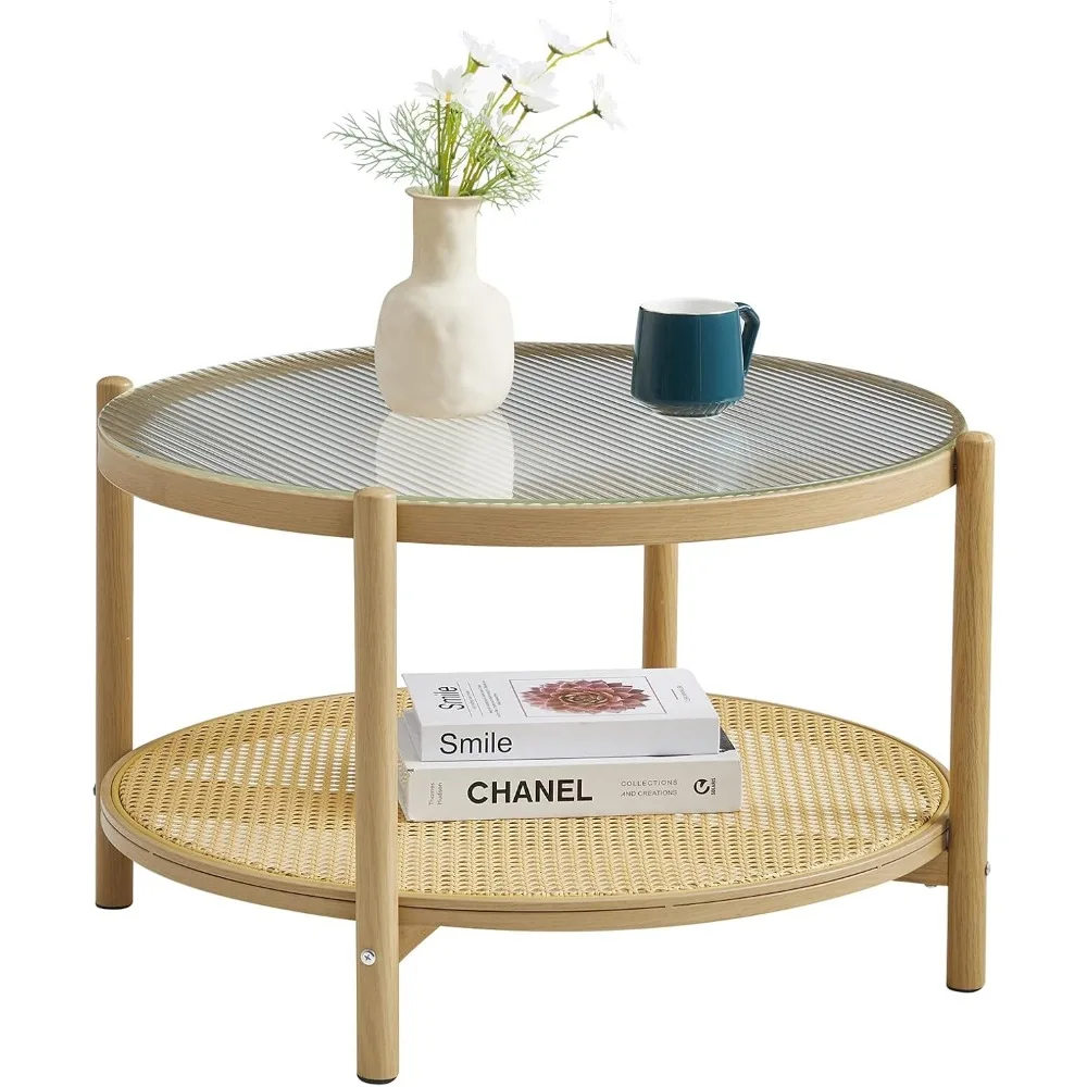 

27.5 Boho Rattan Coffee Table, Round Glass Metal Center Table, Modern Simple 2 Tier Middle Table for Small Space Living