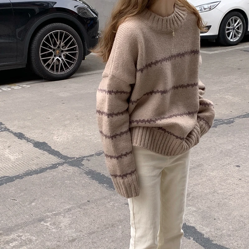 Retro Loose Sweater Women's Long Sleeve Striped Half High Neck Knit 2023 Autumn Winter Thickened Warm Pullover