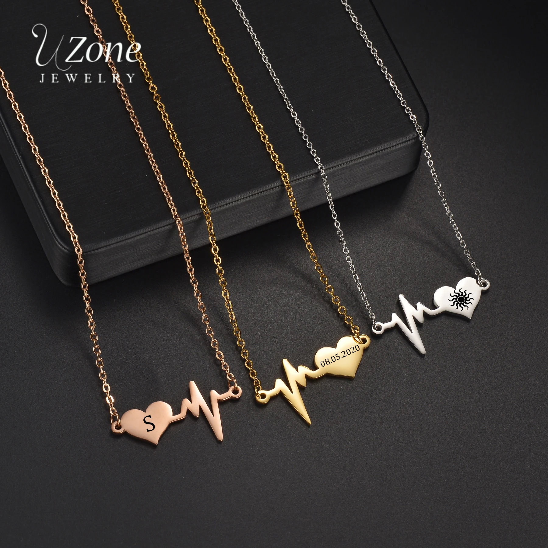 

Uzone New Personalized Engrave Name Heartbeat Pendant Necklaces Stainless Steel Custom Date For Women Men Lovers Jewelry Gift