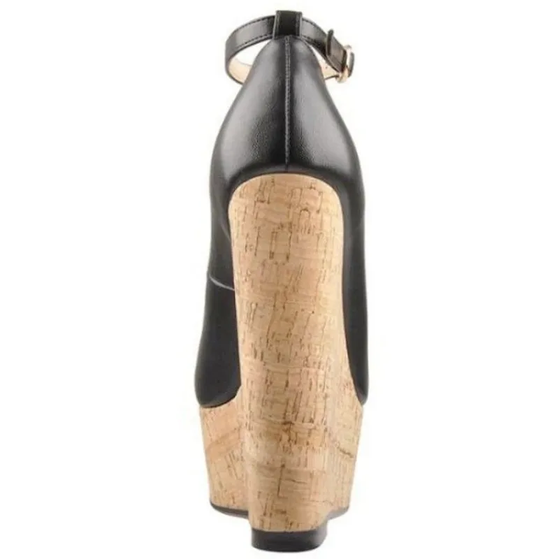 

SHOFOO Сексуальные женские туфли на высоком каблуке. Черные кожаные туфли с круглым носком. Высота каблука около 15 см. Туфли на танкетке и платформе. Пряжка на щиколотке