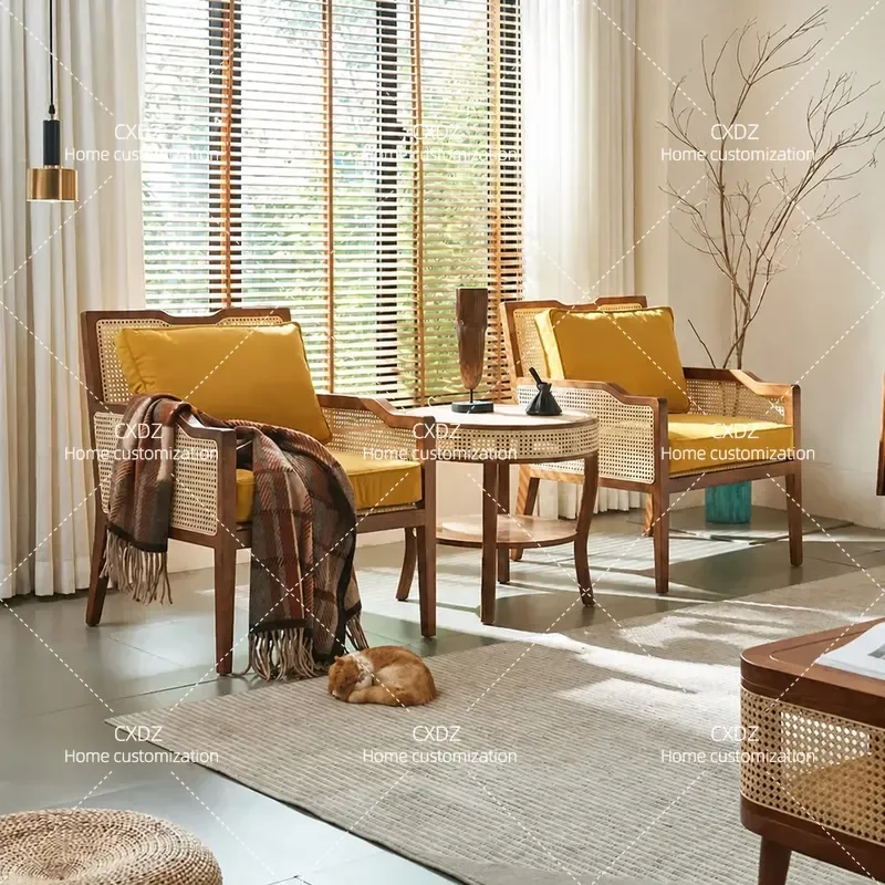 3 Piece Rattan Table Chair Set Balcony Living Room Leisure Retro Wabi Sabi Single Sofa Chair