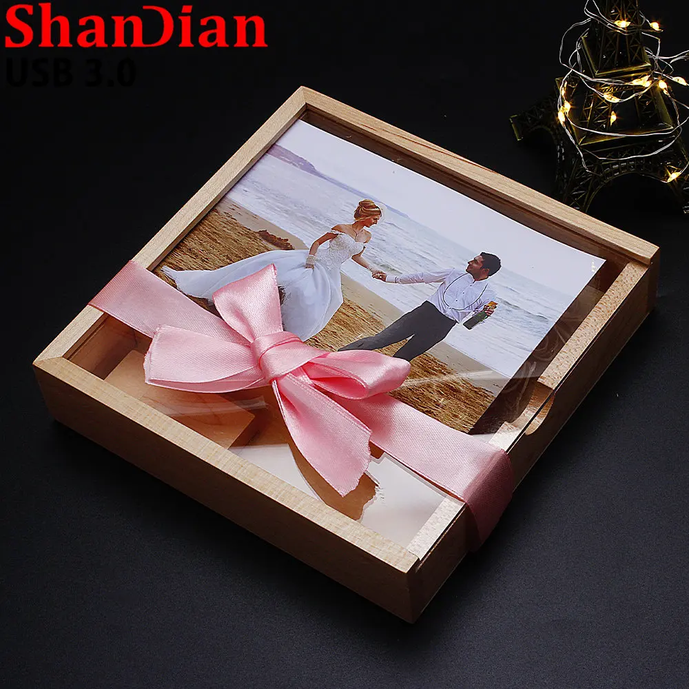 กล่องของขวัญรูปอะคริลิคใส USB 3.0 USB แฟลชไดรฟ์ฟรีโลโก้ปากกาไดรฟ์ไม้ความจุจริงหน่วยความจำดิสก์ U 64GB