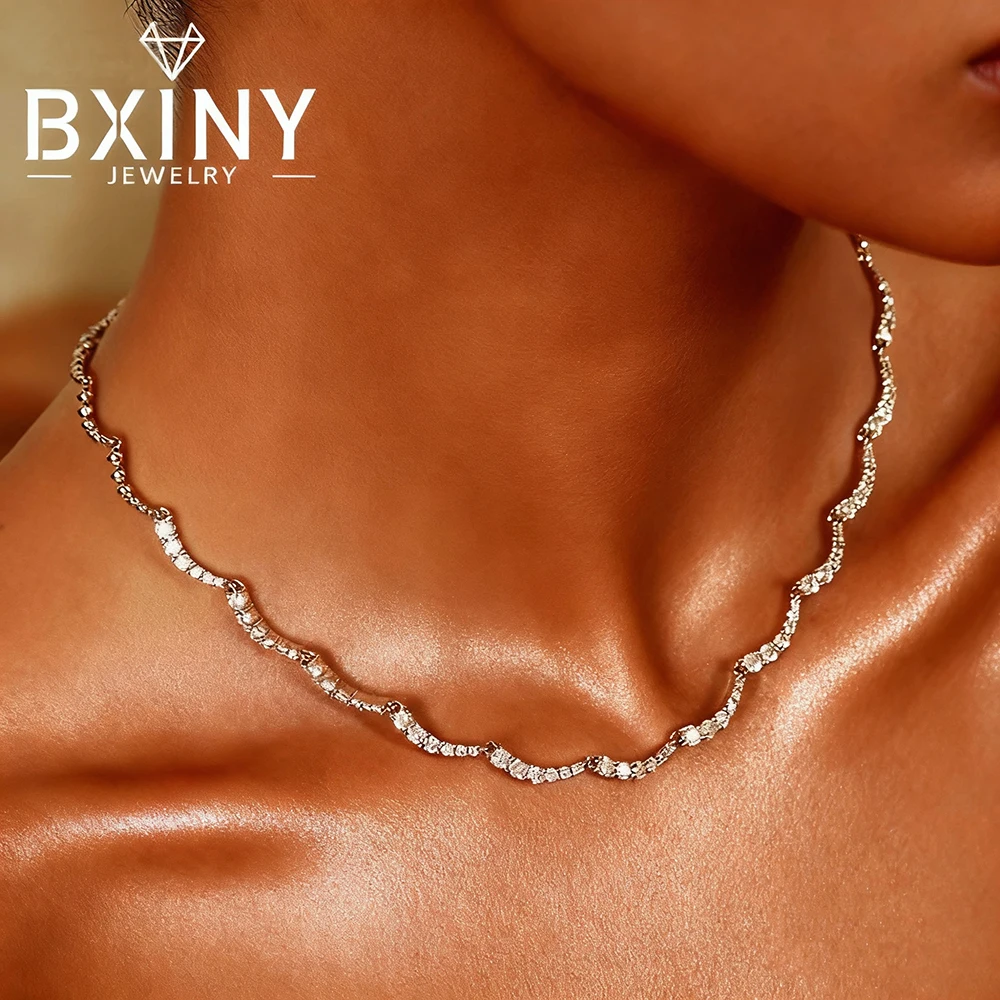 

BXINY Luxury 100%S925 Silver Necklace High Carbon Diamond Smile Water Ripple Zircon Neck Chain for Women Party Fine Jewelry Gift