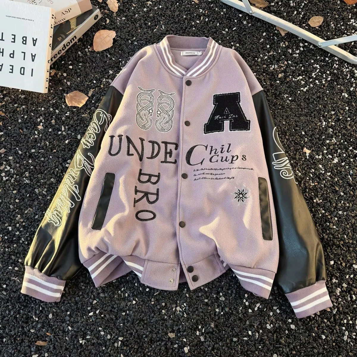 

American High Street Patchwork Letter Embroidery Jaet Baseball orm Men's Women's Spring New Trend Brand Teenage Student...