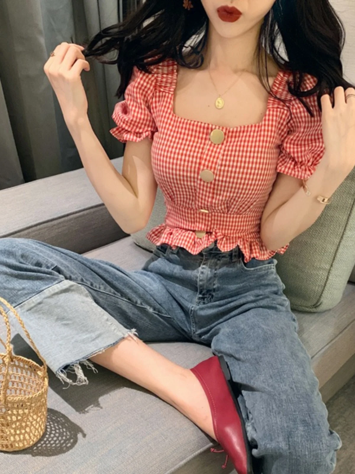 Paisley Shirt Women's Design Sense Plump Waist Short Style Summer Fashion Korean Version Bubble Sleeve Square Collar Top