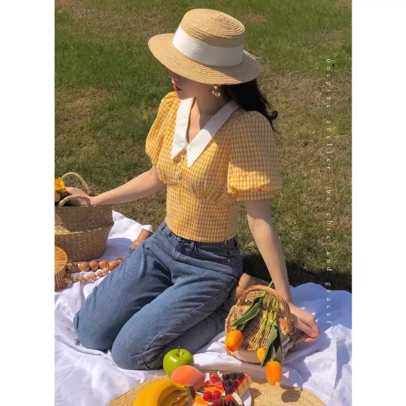 Cottagecore Crop Top Yellow Blouses Summer Kawaii Puff Sleeve Plaid Shirt Women Checkered French Retro Style 2023 Vintage