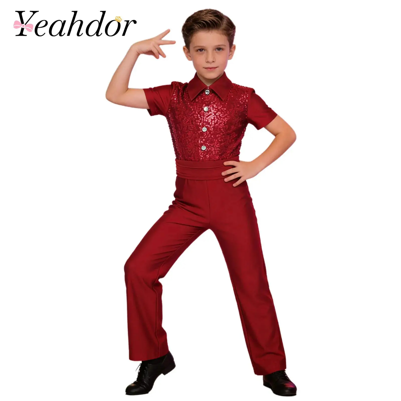 Camiseta de Danza Moderna Latina para Niños, Leotardo, Mono con Solapa para Salsa, Tango, Baile de Salón, Tops, Trajes de Patinaje Artístico para Niños