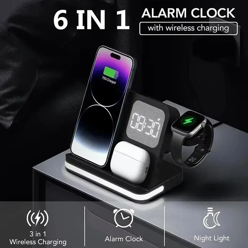 6 in 1 Wireless Charger Stand With Digital Clock Fast Charging Station For iPhone 17 Apple Watch AirPods Home Office Accessory