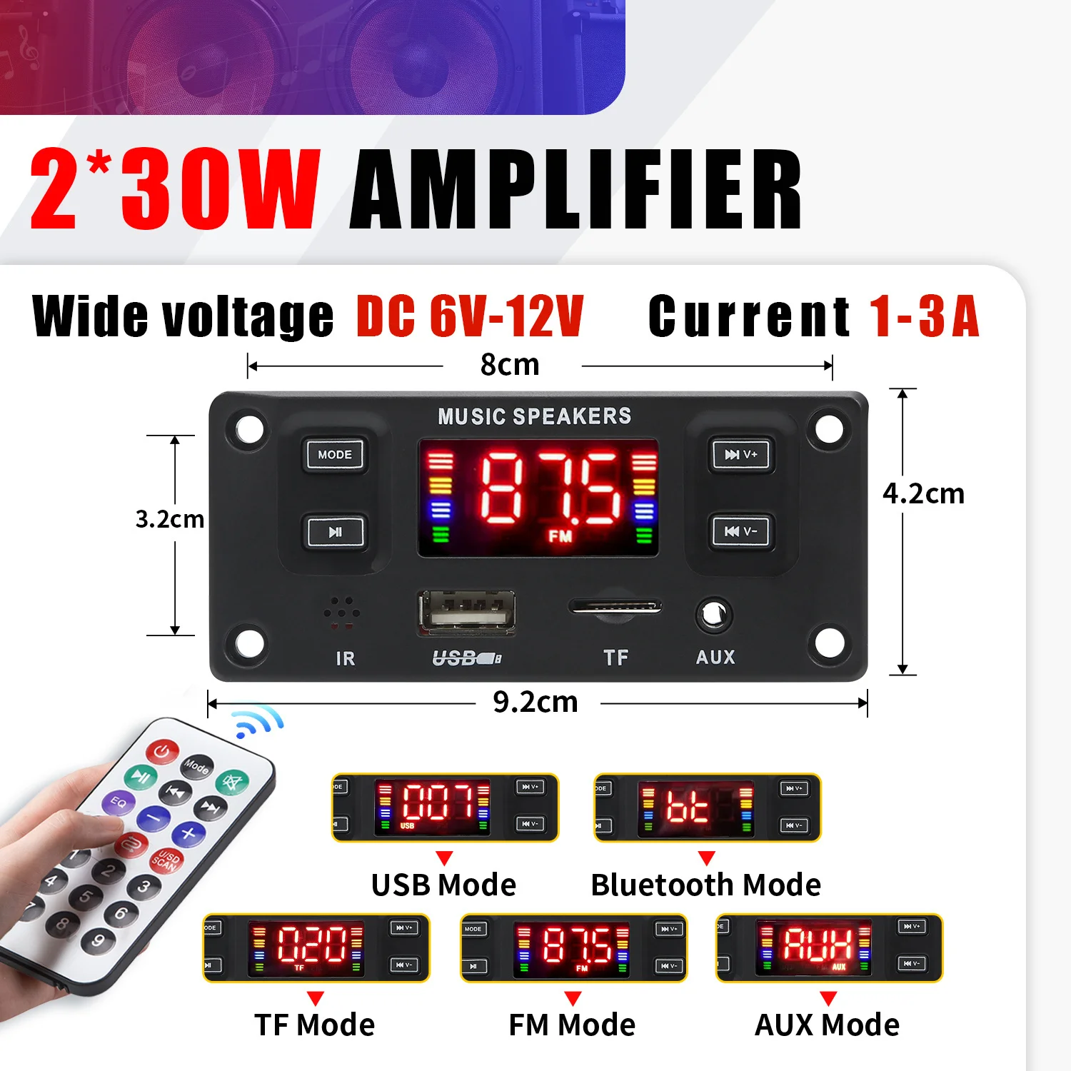 2*30W 60W Amplificatore Audio per auto USB TF Radio FM Modulo AUX Bluetooth 5.0 12V MP3 Scheda di decodifica WMA Lettore MP3 con telecomando