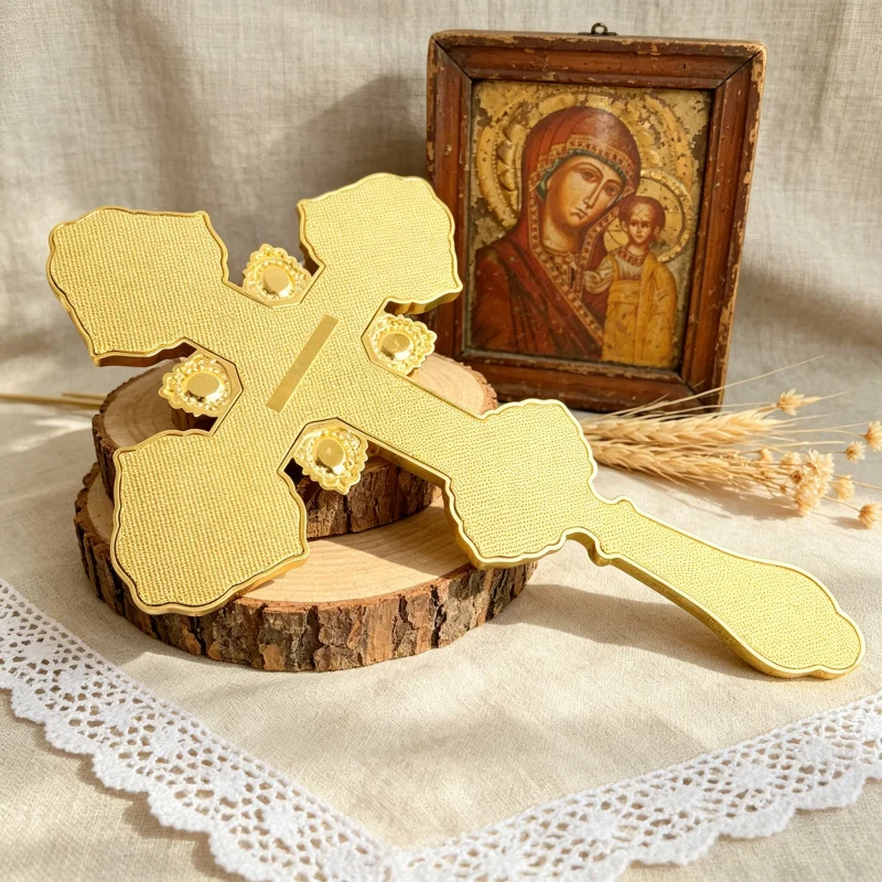 Byzantine Orthodox Blessing Cross for Priest Bishop Gold Metal Handheld Crucifix with Icons Church Altar Supplies Religious Gift