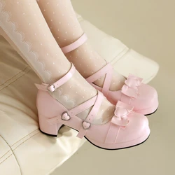 Plus Size 34-48 scarpe da donna Lolita Cosplay ragazze Sweet Bows piattaforma con fibbia a forma di cuore cinturino incrociato tacco largo Mary Jane Pumps