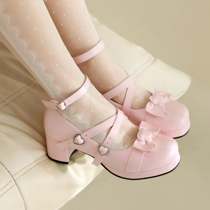 Plus Size 34-48 Women Lolita Cosplay Shoes Girls Sweet Bows Heart-Shaped Buckle Platform Cross Strap Block Heel Mary Jane Pumps