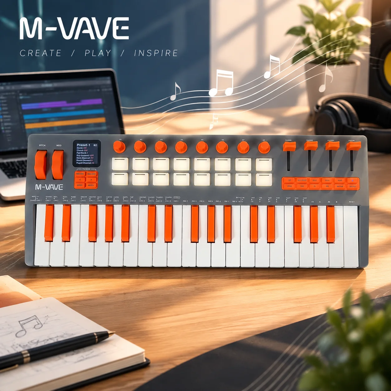 M Vave 37 Key Midi Keyboard, Built-In Sound Source, Portable Synthesizer, For Music Arrangement & Studio Production