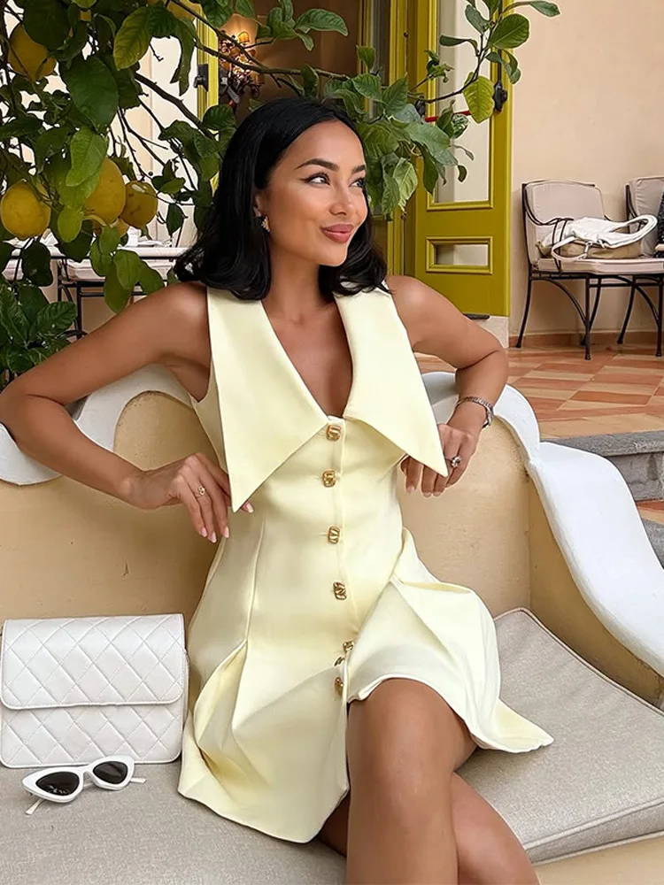 

KT Pastel Yellow Fitted Mini Dress for Women, Sleeveless with Statement Collar & Gold Buttons, Formal & Casual