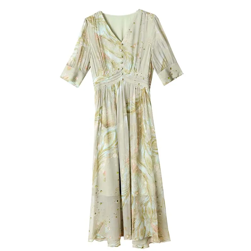 2025 Summer Print Silk Chiffon Elegant Casual Beach Dress Chic V-Neck Casual Long Boho Dress Women Bodycon Party Night Dress