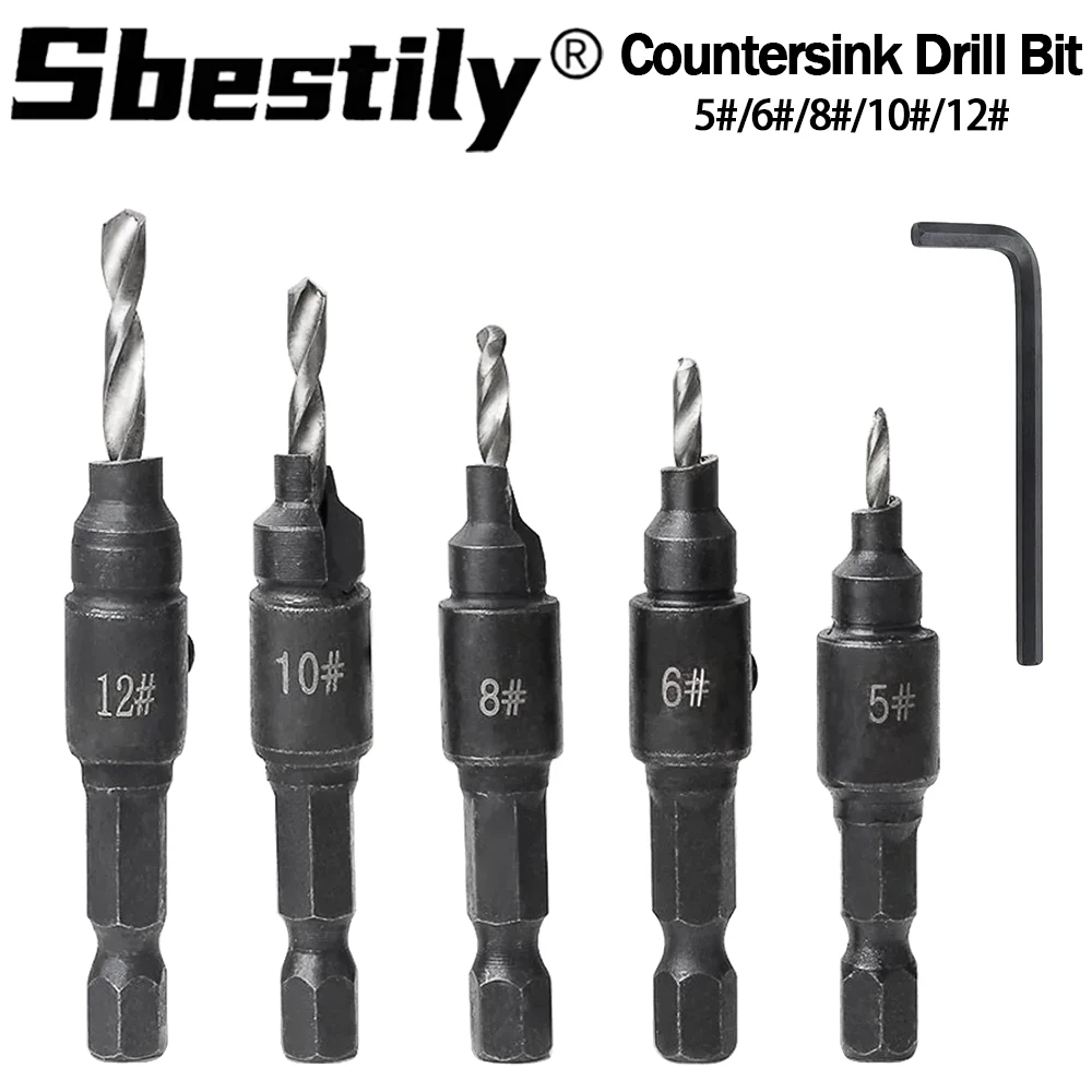 5-teiliges Senker-Bohrer-Set, Holzbearbeitung, Senker-Bit mit Schraubenschlüssel für 5 Personen # /6 # /8 # /10 # /12 #   Schrauben aus Hartholz-Kunststoffplatte
