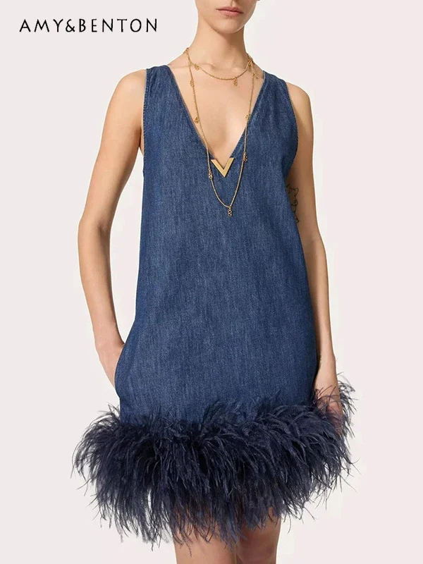 

European American Hot Girl Trendy Mini Dress Sleeveless V-neck Denim Splicing Feathers Loose Slim Dress for Women Summer New