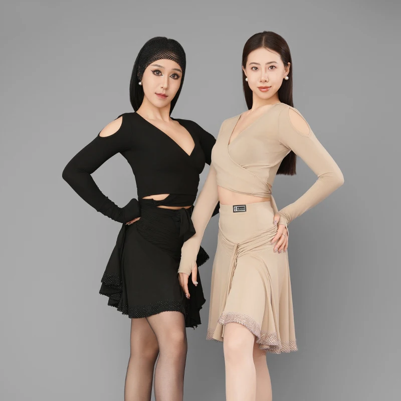 

Women Latin Dance Dress Long Sleeved V-neck Tops High Slit Skirt Female Latin Dance Competition Clothing Practcice Dress DN19593