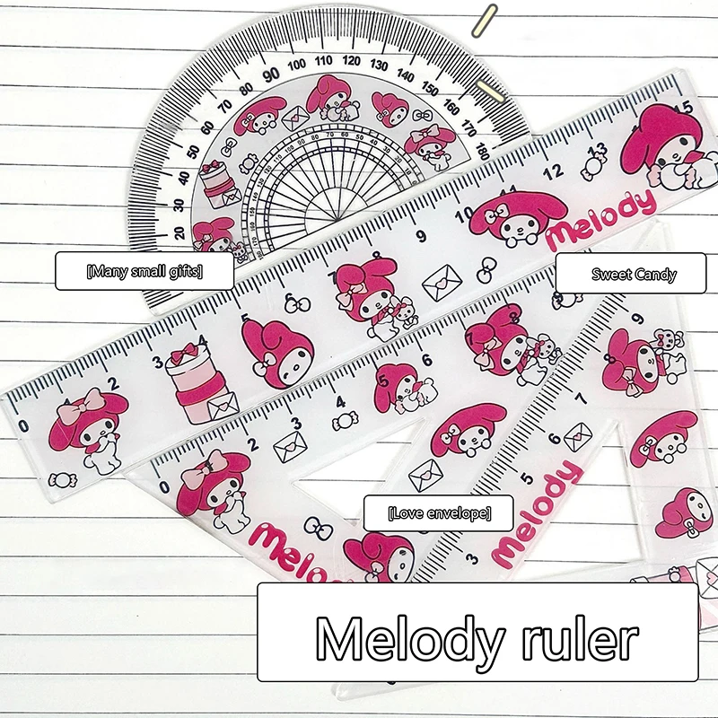 Hello Kitty Simple Creative Sweet And Cute Cartoon Pattern High-value Learning Stationery Plastic Ruler Four-piece Set Wholesale