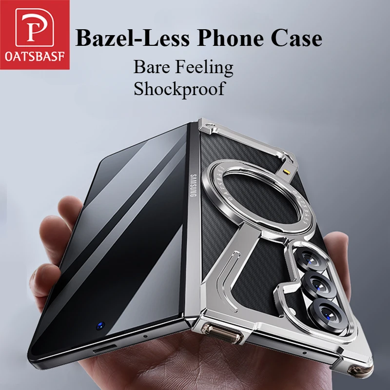 Oatsbasf for Samsung Z Fold 6 5 W24 Phone Case Metal Bezel-less Phone Cover for Samsung Folding Screen Shell w/ Magnetic Stand