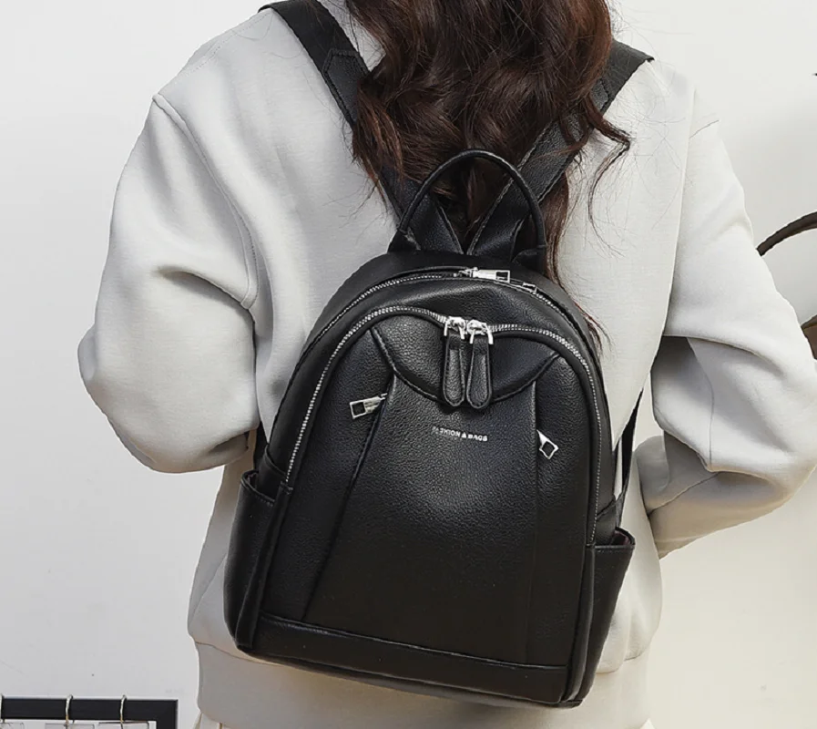 

New Fashion High Quality Leather Travel Backpacks Women's Double Zipper Shoulder Bags Totes Large Capacity School Bag Backpack