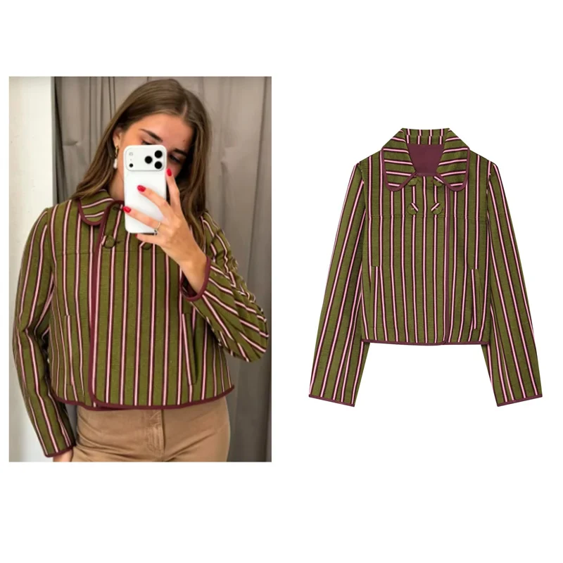 Guobioziy Women's Jacket 2026 Spring/Autumn New European-American Style Casual Long Sleeve Striped Double-Breasted Coat