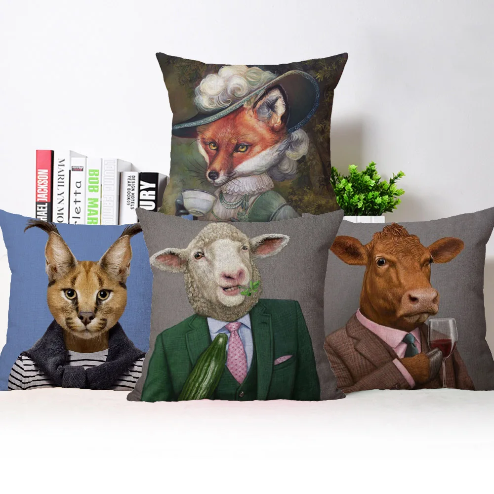 European Sheep Lion Rabbit  Funky Animals Poster Cushion Covers Nordic Style Portrait Painting Decorative Pillows For Sofa