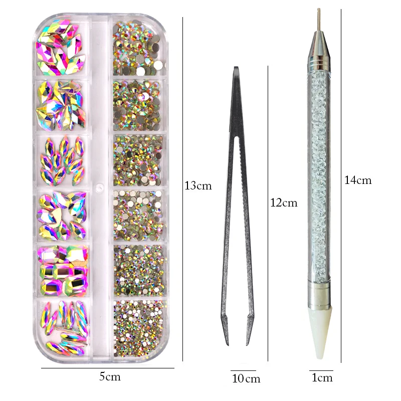 12Girds Box Rhinestones With Tool Multi Size A/BColorful Non Hotfix Flatback Glitter Accessories Nail Art Luxurious Decoration