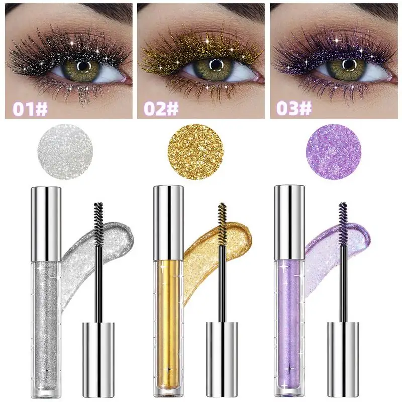 Rímel con purpurina de secado rápido, resistente al agua, larga duración, rizado, pestañas gruesas y brillantes, rímel de diamante Sexy para maquillaje de ojos, 3 colores