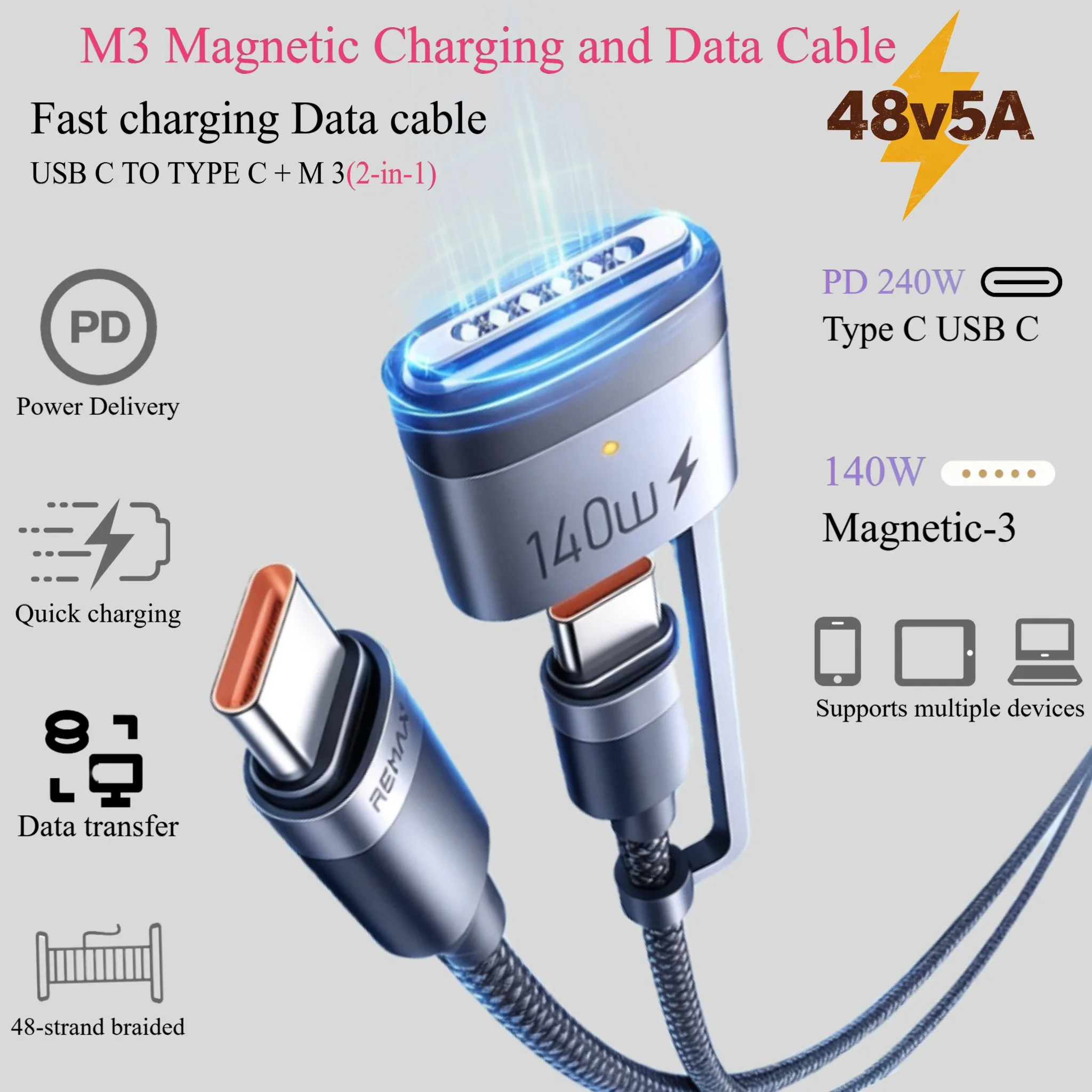 REMAX 140W PD3.1 2‑in‑1 Braided Cable M3 & USB‑C Port 1.5M 48‑Strand for Magnetic‑3 Port Laptops Phone Tablet