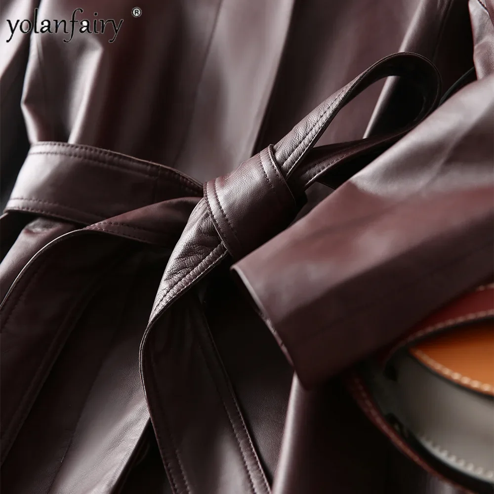 YOLANFAIRY 春本革シープスキンコート女性のミッドロング天然皮革服ファッションウインドブレーカーコートとジャケット